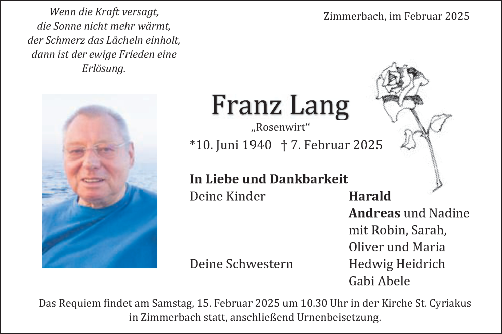  Traueranzeige für Franz Lang vom 12.02.2025 aus Gmünder Tagespost