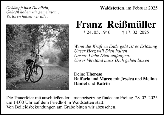 Traueranzeige von Franz Reißmüller von Gmünder Tagespost