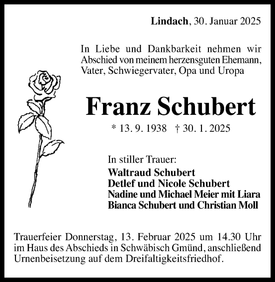 Traueranzeige von Franz Schubert von Gmünder Tagespost