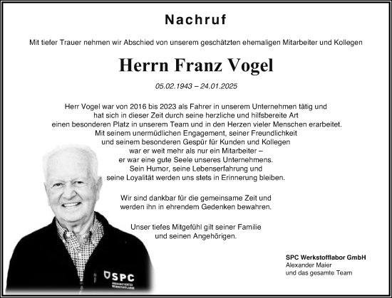 Traueranzeige von Franz Vogel von Schwäbische Post