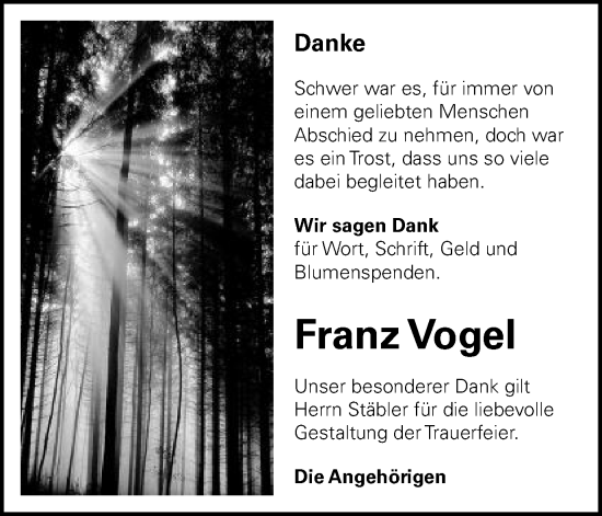 Traueranzeige von Franz Vogel von Schwäbische Post