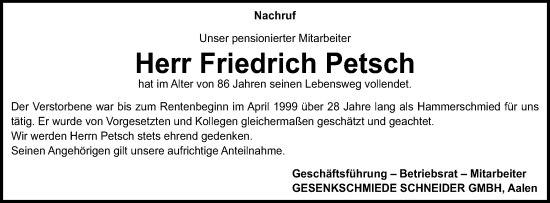 Traueranzeige von Friedrich Petsch von Schwäbische Post