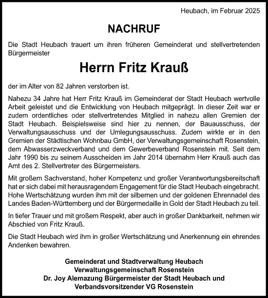 Traueranzeige von Fritz Krauß von Gmünder Tagespost