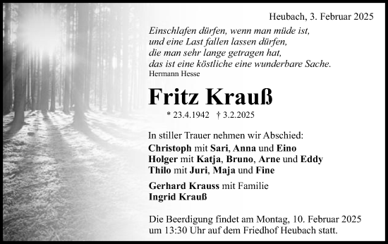 Traueranzeige von Fritz Krauß von Schwäbische Post