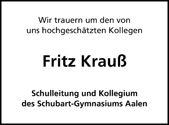 Traueranzeige von Fritz Krauß von Schwäbische Post