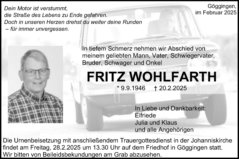  Traueranzeige für Fritz Wohlfarth vom 25.02.2025 aus Gmünder Tagespost