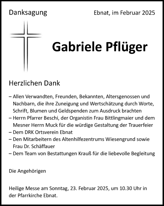 Traueranzeige von Gabriele Pflüger von Schwäbische Post