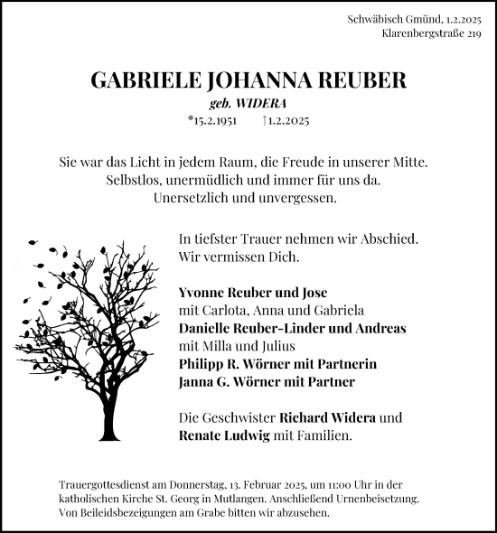 Traueranzeige von Gabriele Johanna Reuber von Gmünder Tagespost