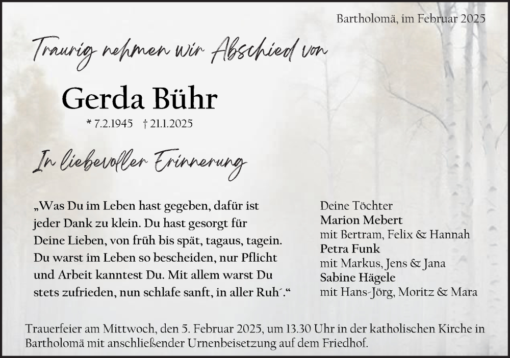  Traueranzeige für Gerda Bühr vom 01.02.2025 aus Gmünder Tagespost