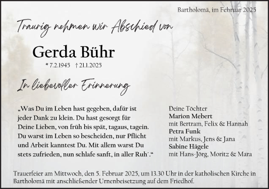 Traueranzeige von Gerda Bühr von Gmünder Tagespost