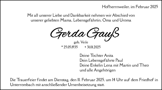 Traueranzeige von Gerda Gauß von Schwäbische Post