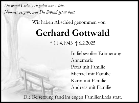 Traueranzeige von Gerhard Gottwald von Gmünder Tagespost