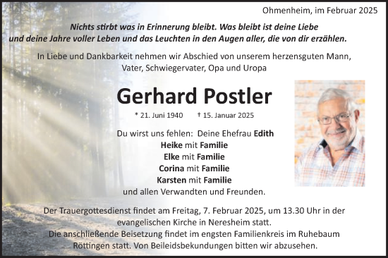 Traueranzeige von Gerhard Postler von Schwäbische Post