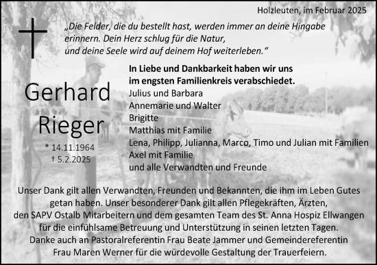 Traueranzeige von Gerhard Rieger von Schwäbische Post