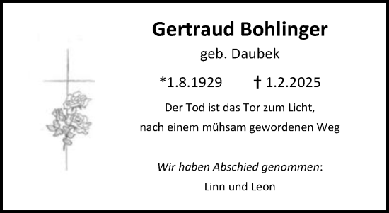 Traueranzeige von Gertraud Bohlinger von Gmünder Tagespost