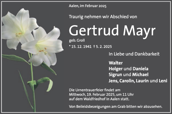 Traueranzeige von Gertrud Mayr von Schwäbische Post