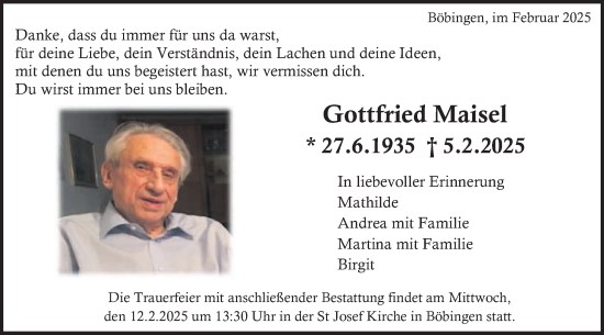 Traueranzeige von Gottfried Maisel von Gmünder Tagespost