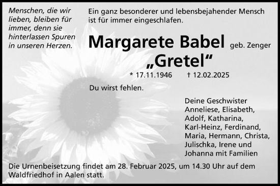 Traueranzeige von Gretel Babel von Schwäbische Post