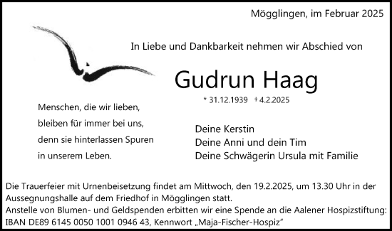 Traueranzeige von Gudrun Haag von Gmünder Tagespost