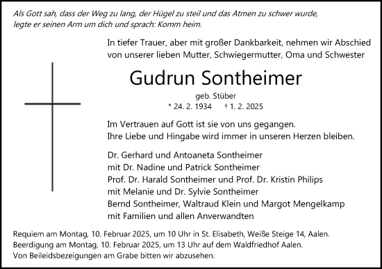 Traueranzeige von Gudrun Sontheimer von Schwäbische Post