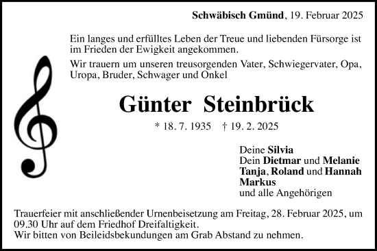 Traueranzeige von Günter Steinbrück von Gmünder Tagespost