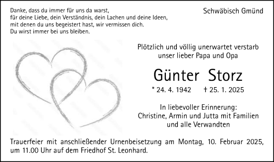 Traueranzeige von Günter Storz von Gmünder Tagespost