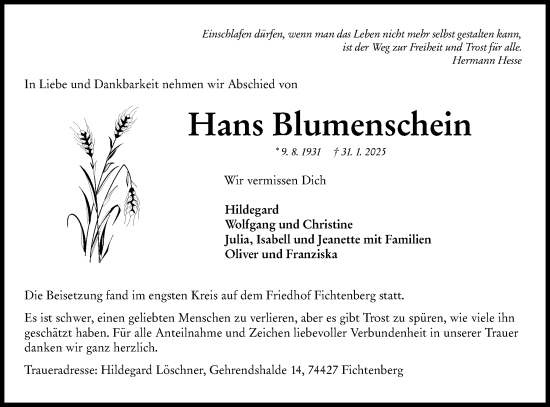 Traueranzeige von Hans Blumenschein von Gmünder Tagespost