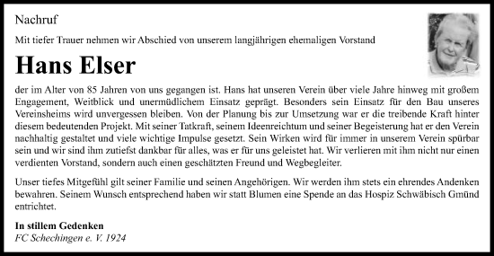 Traueranzeige von Hans Elser