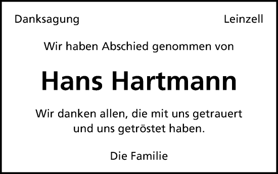 Traueranzeige von Hans Hartmann von Gmünder Tagespost