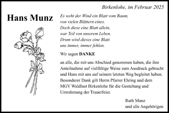 Traueranzeige von Hans Munz von Gmünder Tagespost