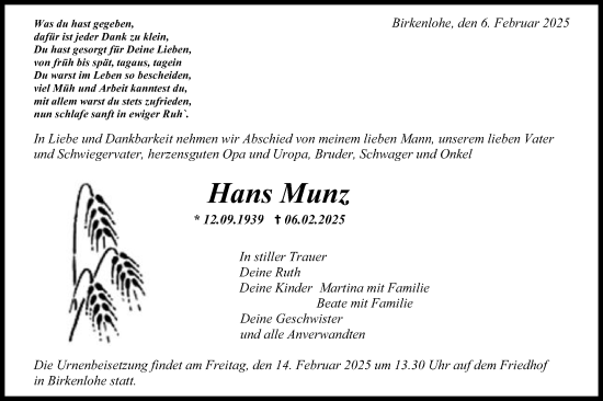 Traueranzeige von Hans Munz von Gmünder Tagespost