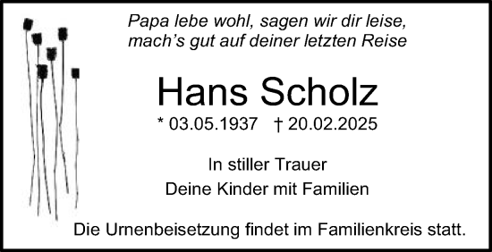 Traueranzeige von Hans Scholz von Schwäbische Post