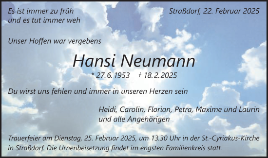 Traueranzeige von Hansi Neumann von Gmünder Tagespost
