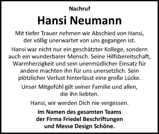 Traueranzeige von Hansi Neumann von Gmünder Tagespost
