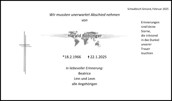 Traueranzeige von Harald Bohlinger von Gmünder Tagespost