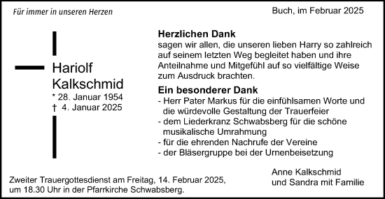 Traueranzeige von Hariolf Kalkschmid von Schwäbische Post