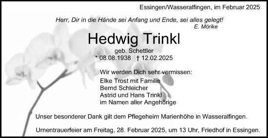 Traueranzeige von Hedwig Trinkl von Schwäbische Post