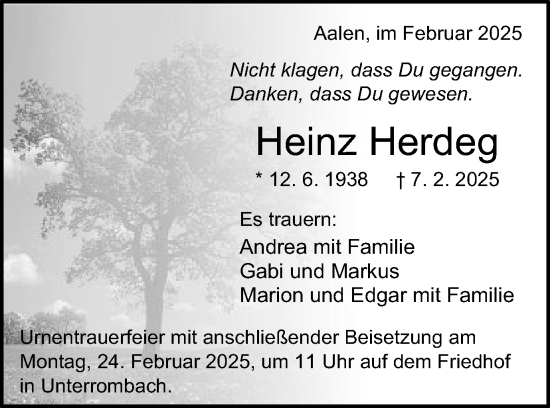 Traueranzeige von Heinz Herdeg von Schwäbische Post