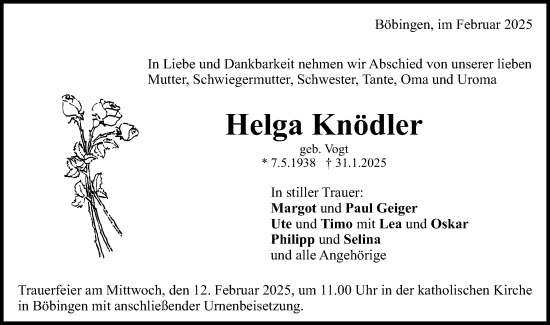 Traueranzeige von Helga Knödler von Gmünder Tagespost