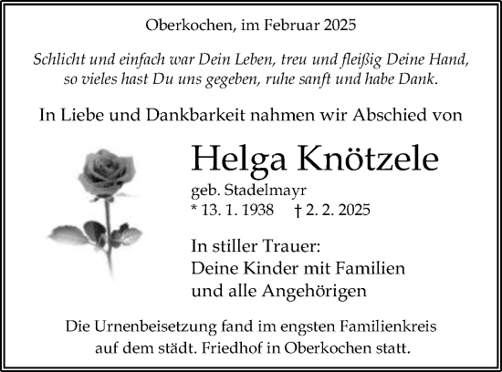 Traueranzeige von Helga Knötzele von Schwäbische Post