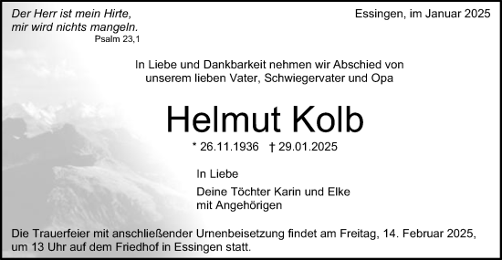 Traueranzeige von Helmut Kolb von Schwäbische Post