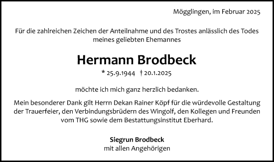 Traueranzeige von Hermann Brodbeck von Schwäbische Post