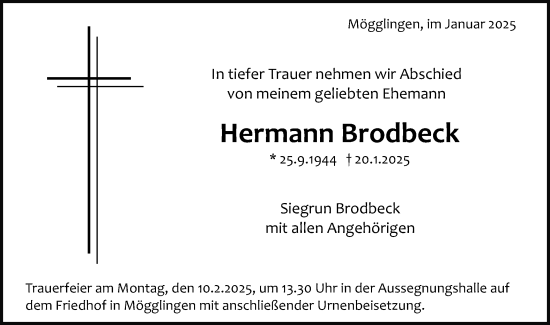 Traueranzeige von Hermann Brodbeck von Schwäbische Post