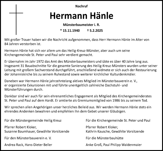 Traueranzeige von Hermann Hänle von Gmünder Tagespost