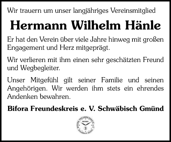 Traueranzeige von Hermann Wilhelm Hänle von Gmünder Tagespost