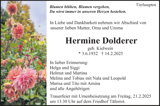 Traueranzeige von Hermine Dolderer von Gmünder Tagespost