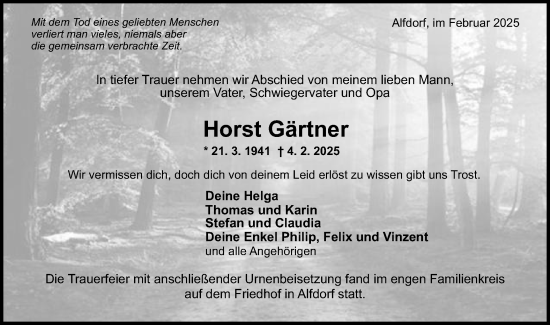 Traueranzeige von Horst Gärtner von Gmünder Tagespost