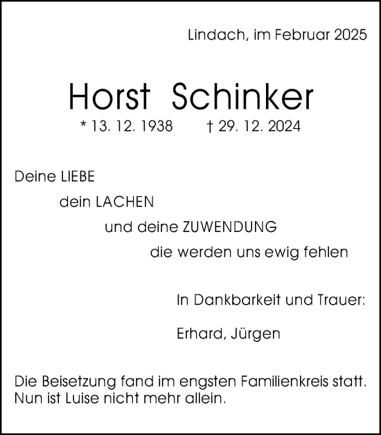 Traueranzeige von Horst Schinker von Gmünder Tagespost