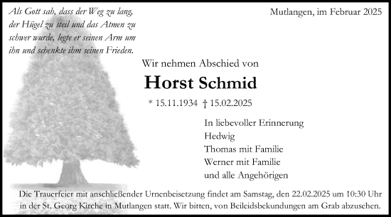 Traueranzeige von Horst Schmid von Gmünder Tagespost