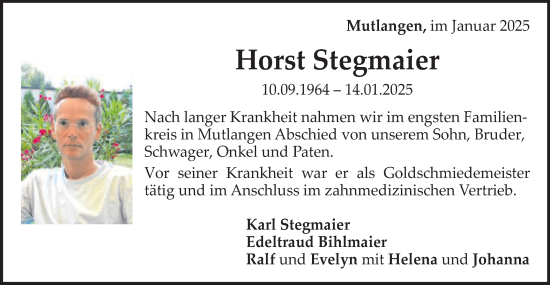 Traueranzeige von Horst Stegmaier von Gmünder Tagespost